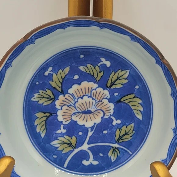 Arita Japan Porcelain Bowls Chrysanthemum Cobalt Blue Gold Set of 2 60s Vintage